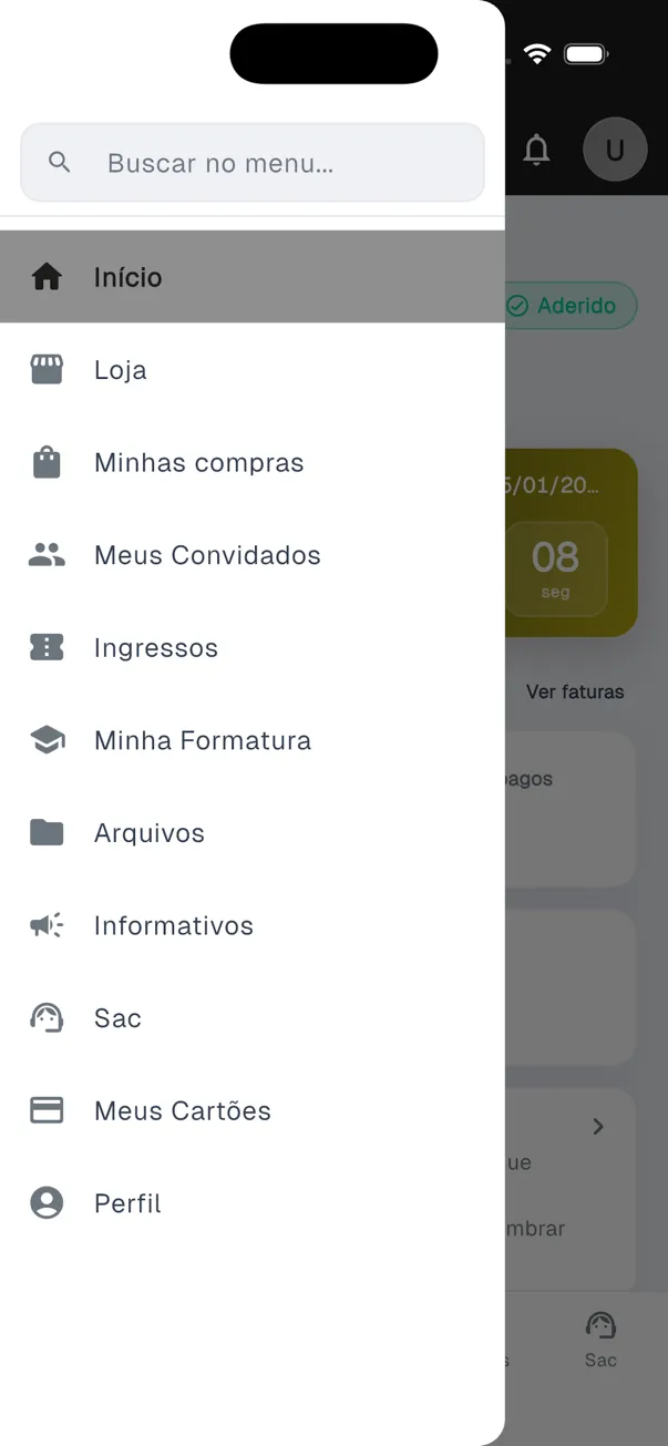 Menu do app com Loja, Minhas compras, Convidados, Ingressos, Minha formatura, Arquivos, Informativos, SAC, Cartões e Perfil